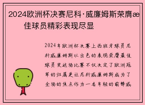 2024欧洲杯决赛尼科·威廉姆斯荣膺最佳球员精彩表现尽显